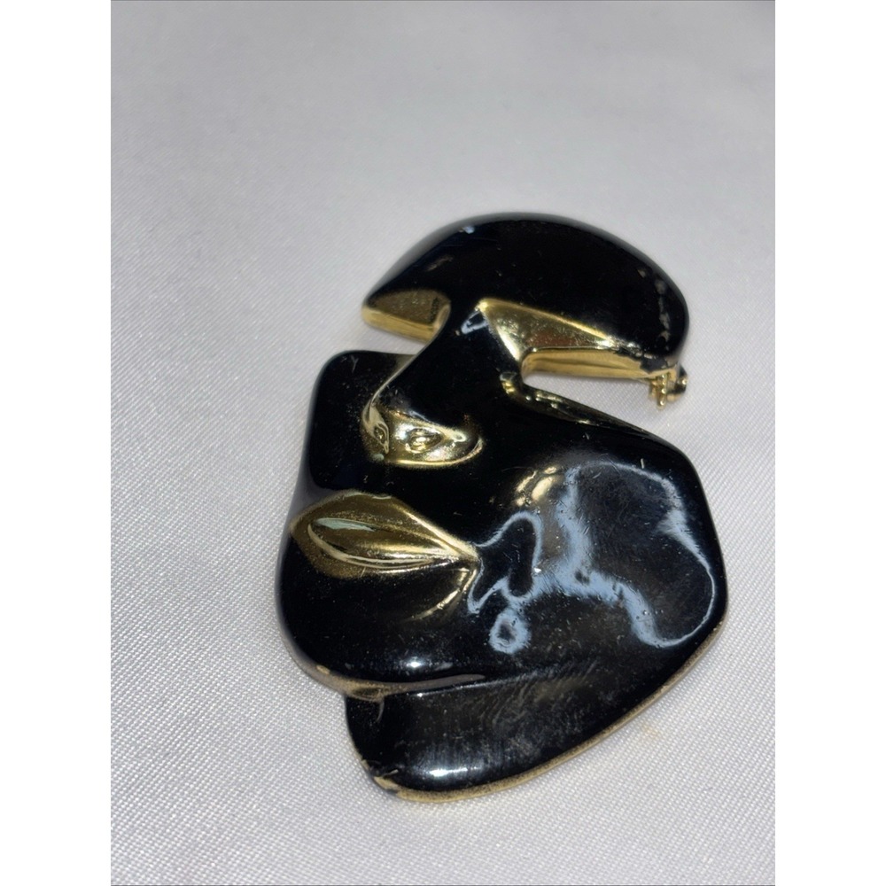 Vintage Abstract Face Brooch Black Enamel Gold Tone Modernist
